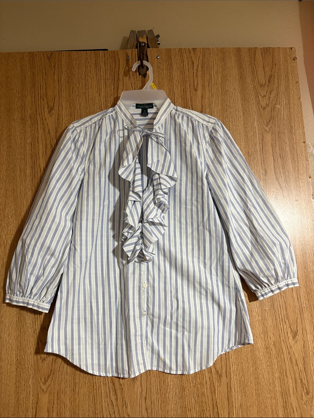 Ralph Lauren Blue and White Striped Ruffle Front Blouse